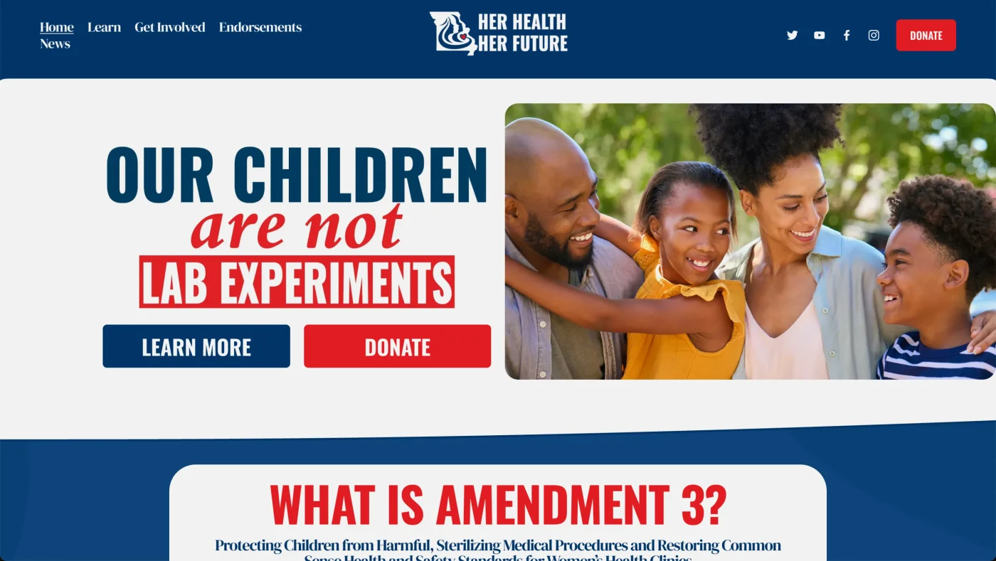 A website with a stock image of a smiling family and the words, “Our children are not lab experiments.”
