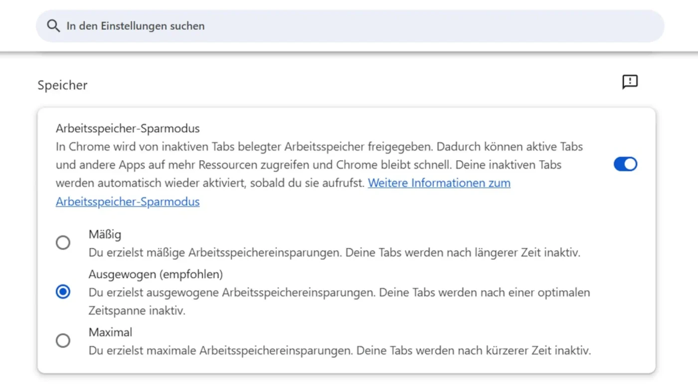 Arbeitsspeicher-Sparmodus in Chrome