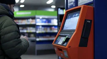 ATM naranja moderno, terminal bancaria, teclado con números, ranura para tarjeta, pantalla luminosa, equipo financiero urbano, autoservicio bancario. - (Imagen Ilustrativa Infobae)