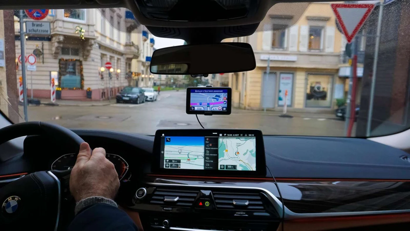 Blick aus einem Auto auf die Straße.