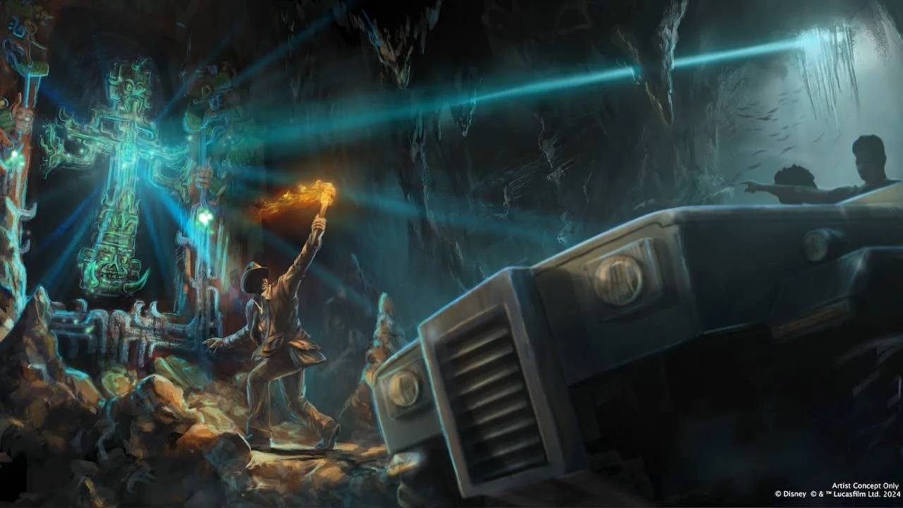 Concept art of a rugged expedition vehicle driving through a dimly lit, ancient Maya temple ruin, with torches illuminating sacred carvings, glowing portals, and adventurers inside.