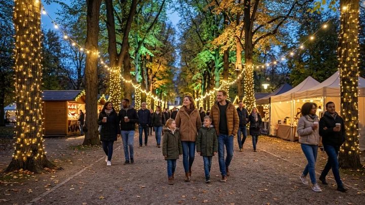 Menschen und beleuchtete Zelte im dunklen Fredenbaumpark.