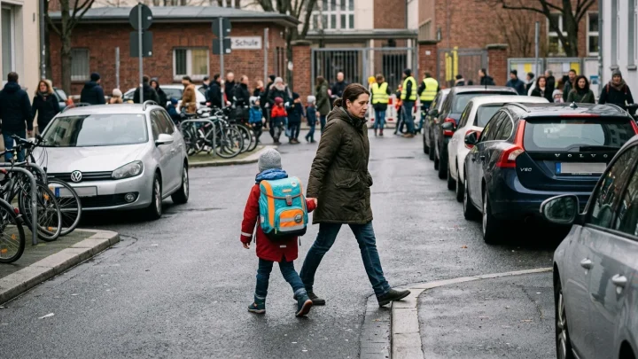 Eine Frau legt den Arm um ein Schulkind