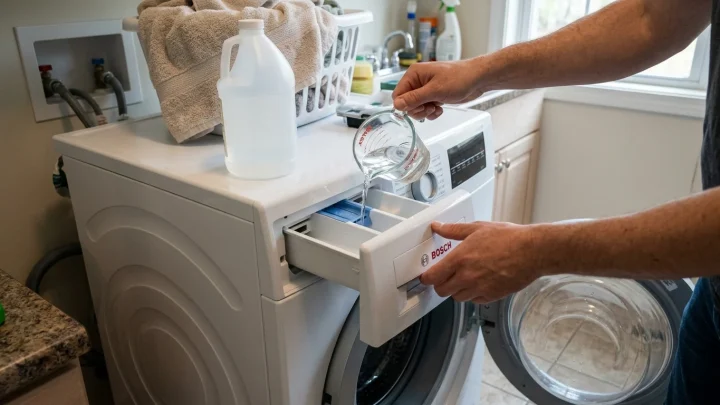 Flüssigwaschmittel und weißer Essig für die Waschmaschine
