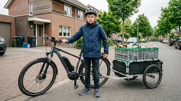 Marius sammelt Altglas mit dem E-Bike und einem Transportanhänger