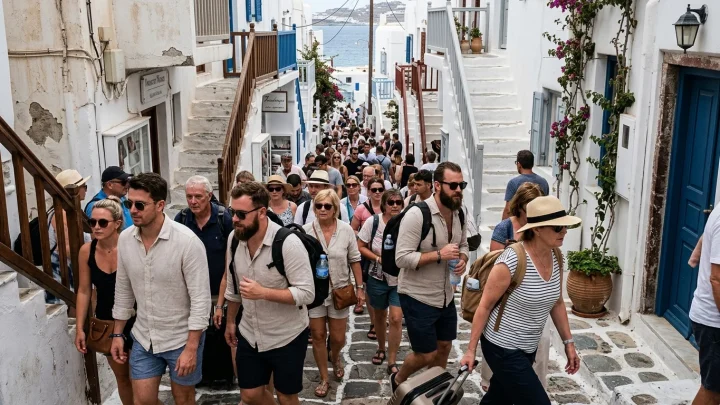 Hafen von Thira auf Santorin mit zahlreichen Touristen
