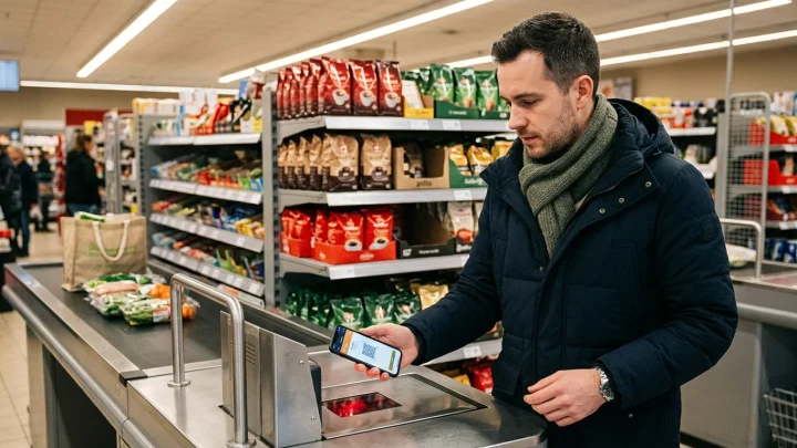 Tchibo Kundenkarte und Smartphone an einer Supermarktkasse