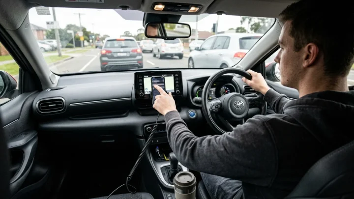 Autofahrer bedient Smartphone am Steuer während der Fahrt