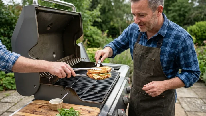 Ein gegrilltes Sandwich mit Lachs und Birne