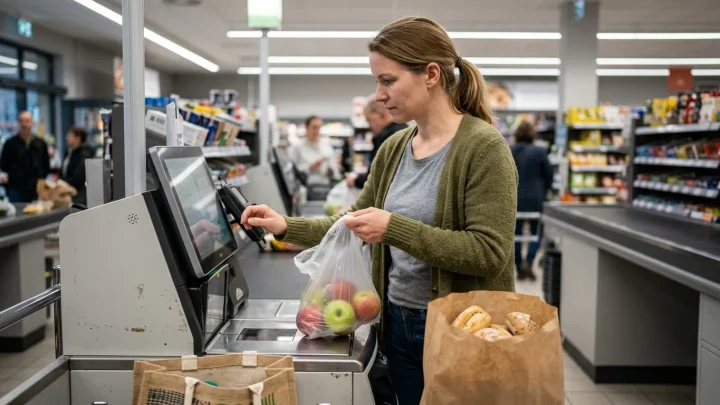 Eine Frau legt mehrere Artikel auf die Scanfläche einer Selbstbedienungskasse in einem Supermarkt