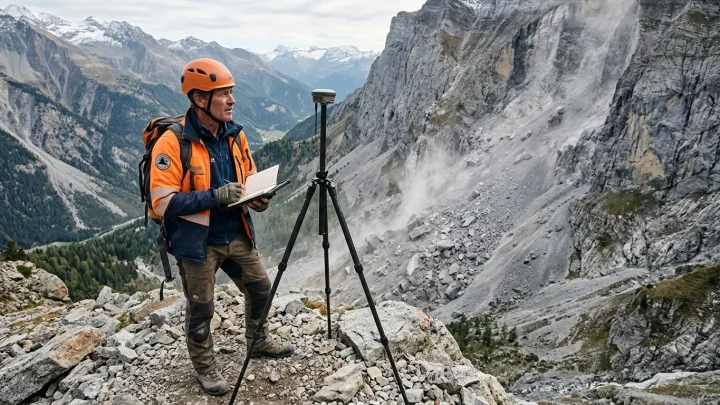 Riesiger Felsabbruch an einem steilen Berghang in den Schweizer Alpen in Graubünden