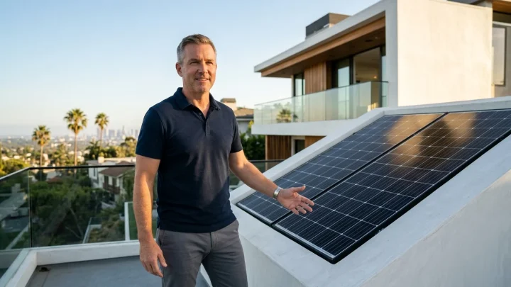 Nahaufnahme einer Photovoltaikanlage auf einem Hausdach.