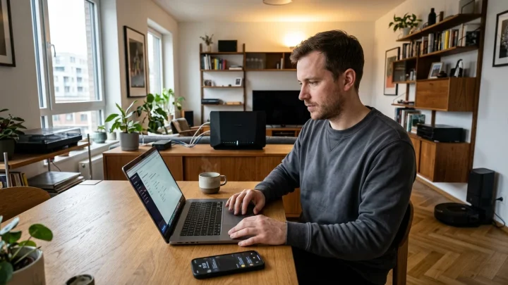 Ein Smartphone und ein vernetztes Smart-Home-Gerät mit digitalem Sicherheitsschloss-Symbol