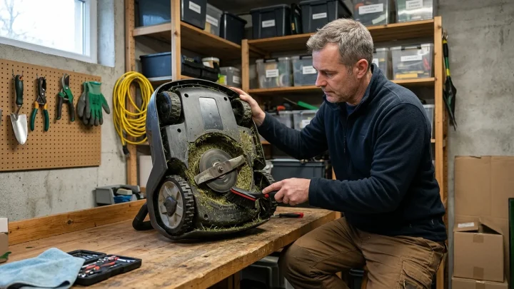 Mähroboter wird für die Einlagerung im Winter gereinigt und gewartet