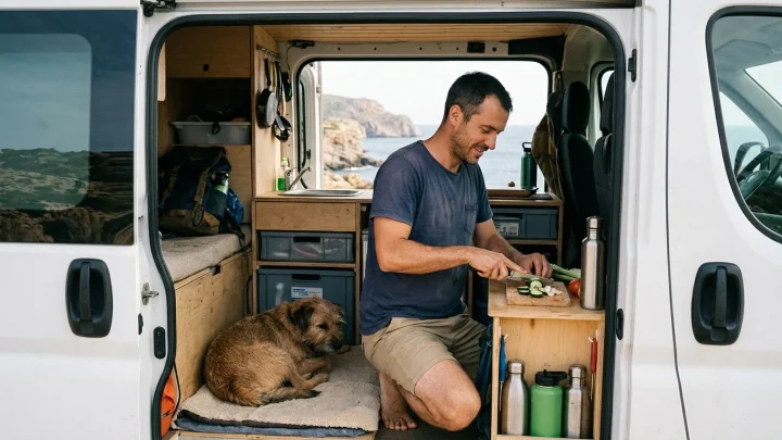 Ausgebauter Campervan auf einer Straße bei Sonnenuntergang