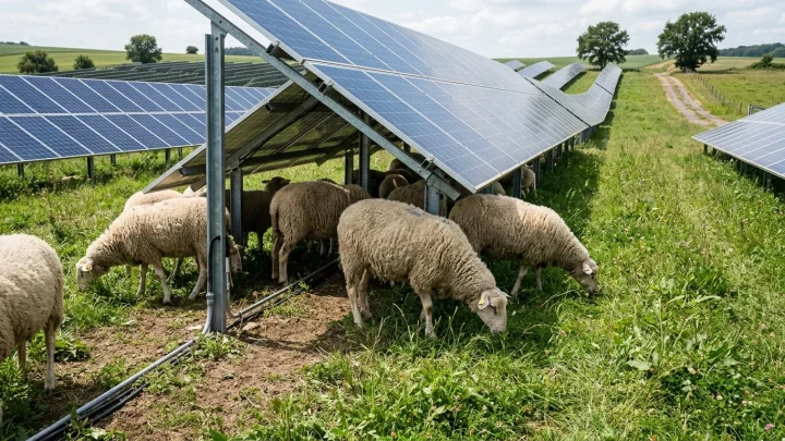 Schafe grasen unter den Solarmodulen des Solarparks von Volkswagen in Września