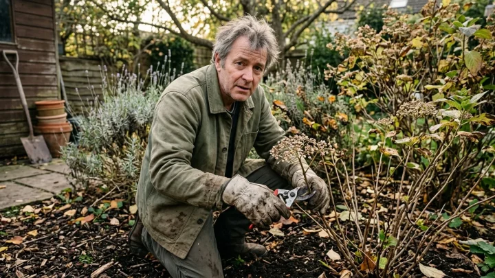 Gärtnerhände schneiden verblühte Stauden im herbstlichen Garten
