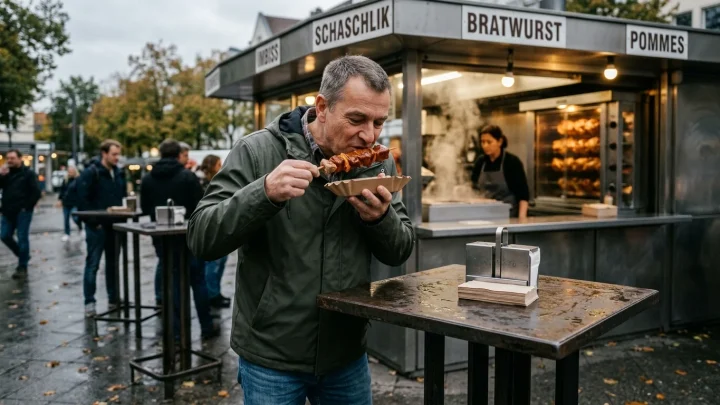 Brathähnchen auf dem Drehspieß eines Grillwagens