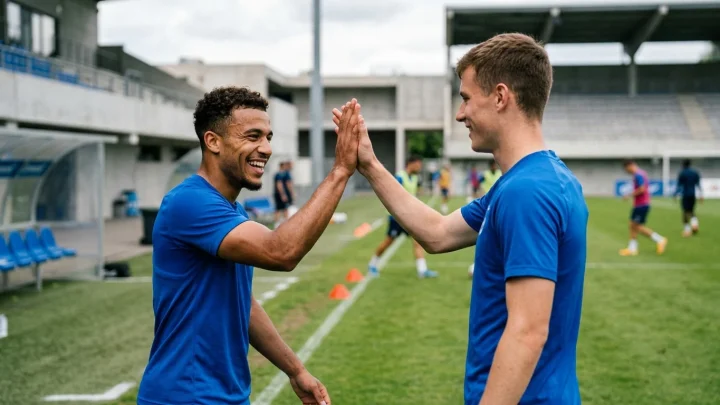 Timo Becker und Adil Aouchiche klatschen ab.