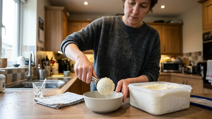 Eiscreme wird mit einem Werkzeug aus der Verpackung geholt