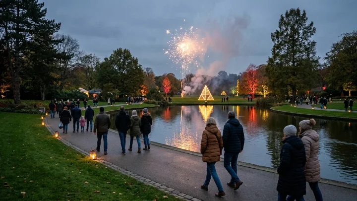 Blick auf Feuerwerk und die leuchtende Pyramide beim Dortmunder Lichterfest