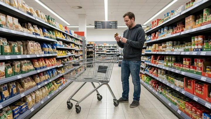 Nahaufnahme eines Supermarktgangs mit einem zerbrochenen Glas auf dem Boden