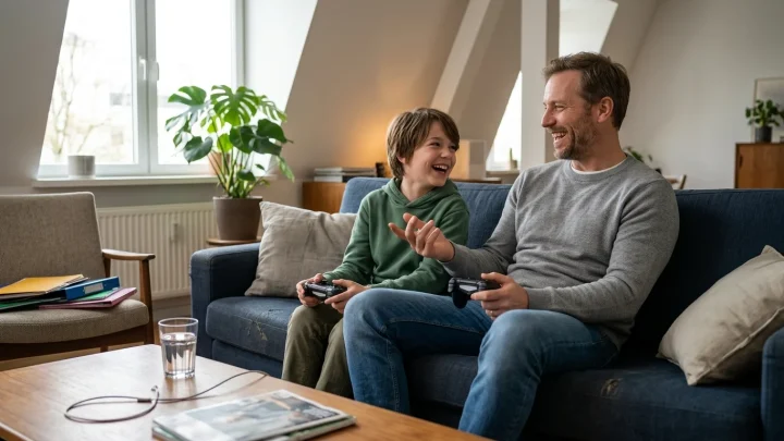 Elternteil und Kind sitzen zusammen und unterhalten sich