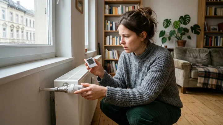 Thermostat an einem weißen Heizkörper wird von Hand aufgedreht