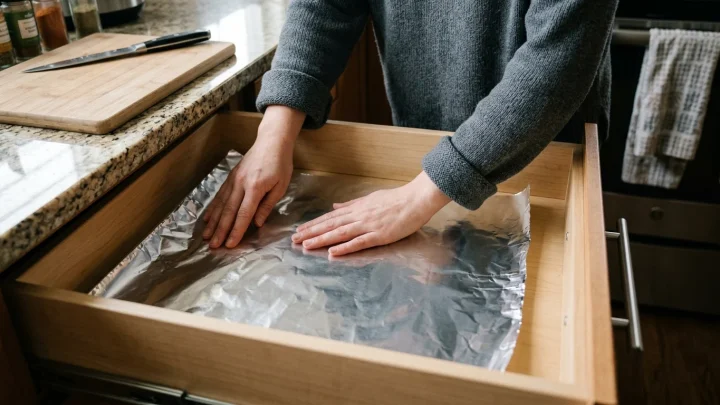 Küchenschublade mit Utensilien und Schutzfolie auf dem Boden