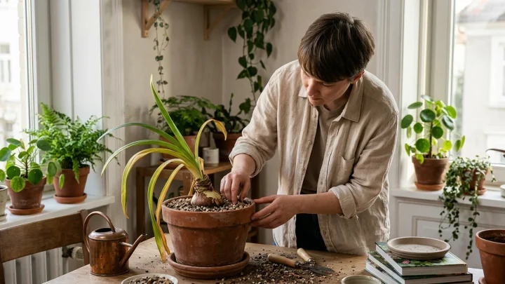Amaryllis Pflanze mit Zwiebel im Blumentopf