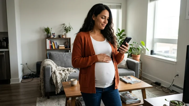 Amira Aly lächelnd mit Babybauch auf einem roten Teppich