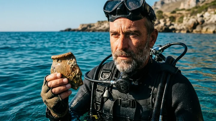 Unterwasseraufnahme eines antiken römischen Schiffswracks auf dem Meeresgrund.