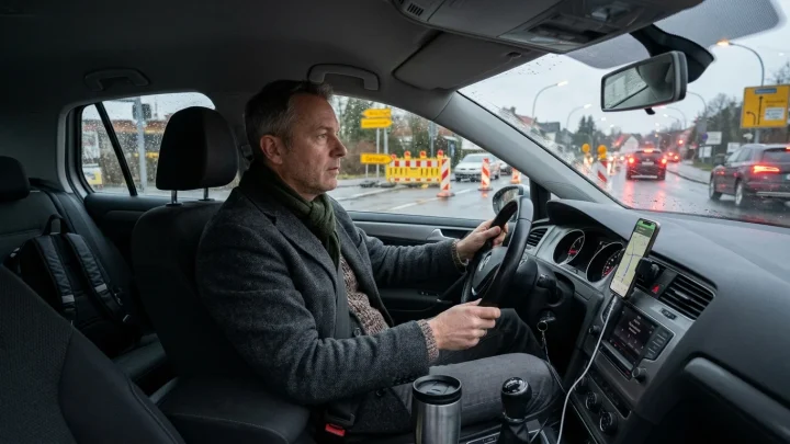 Autofahrer im Berufsverkehr auf einer nassen Straße auf dem Weg zur Arbeit