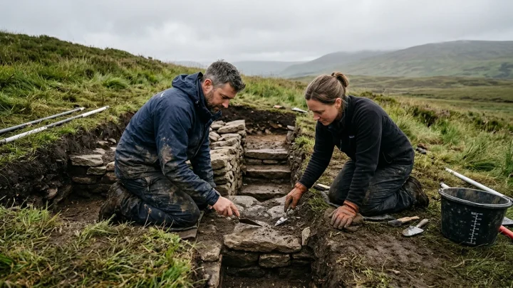 Archäologische Ausgrabungsstätte mit freigelegter Steinstruktur
