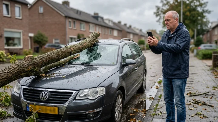Auto mit Sturmschaden durch einen herabgestürzten Ast auf der Windschutzscheibe