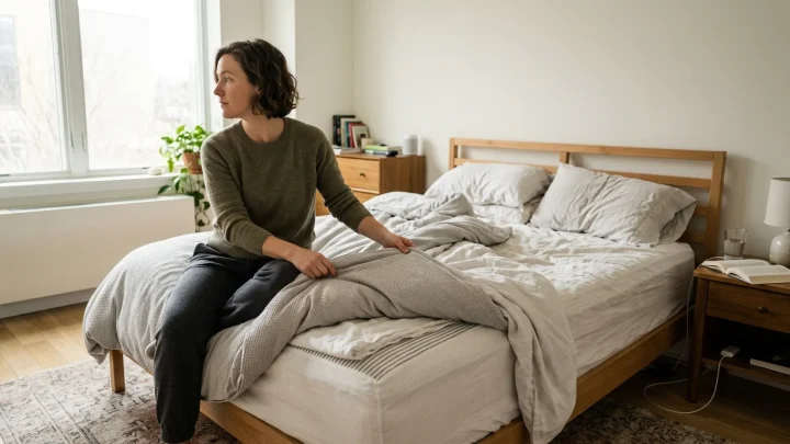 Frisch bezogenes Bett mit weißem Kissen und Bettdecke