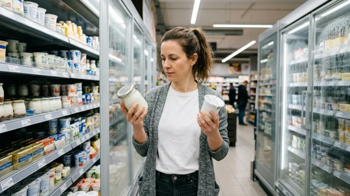 Nahaufnahme einer Person, die aus einem Plastikbecher Joghurt isst