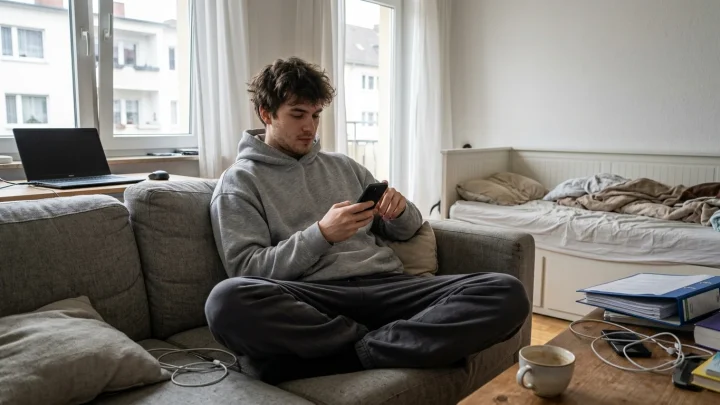 Ein junger Erwachsener blickt nachdenklich auf sein Smartphone