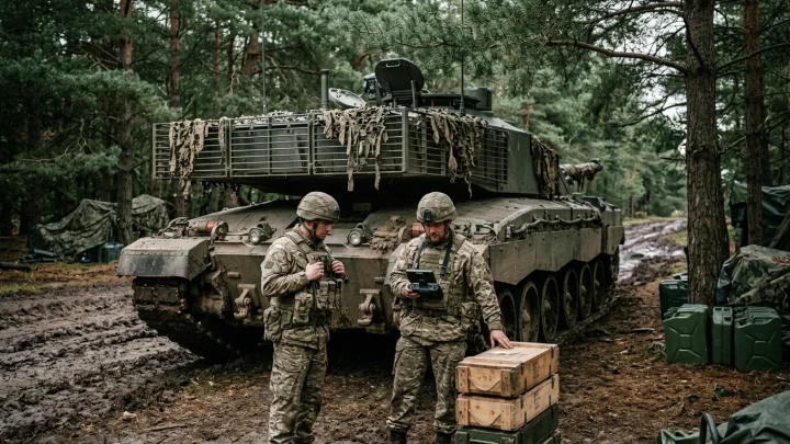 Leopard-Panzer mit Drohnenschutz an der Front in der Ukraine