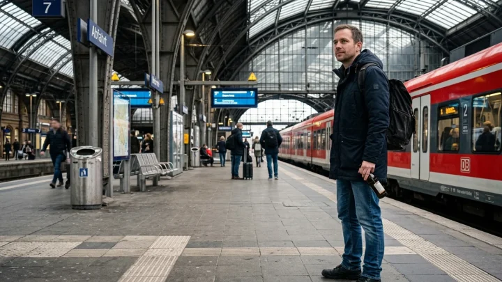 Ein Reisender mit Rucksack und Getränkeflasche steht auf einem deutschen Bahnhofsgleis