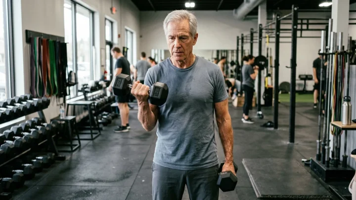 Älterer Mann mit Hantel beim Krafttraining im Fitnessstudio