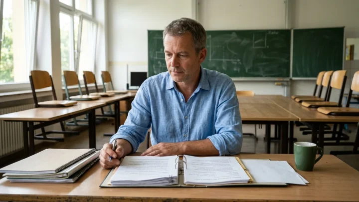 Leeres Klassenzimmer vor dem Schulstart mit Schreibtischen und Stühlen