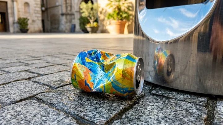 Abfallbehälter in einer Schweizer Stadt mit Hinweisschild auf Bussen für Littering