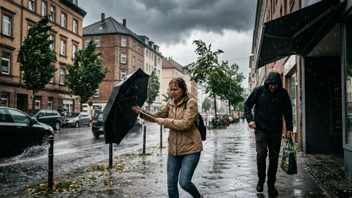 Dunkle Unwetterfront mit Gewitterwolken über Deutschland