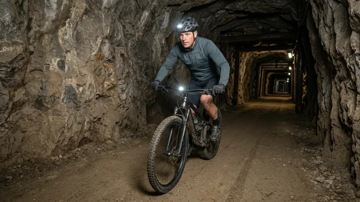 Radfahrer in einem Bergwerk unter Tage