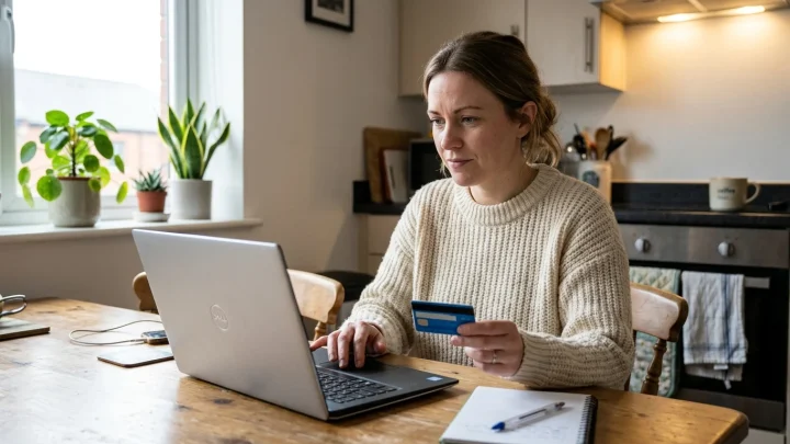 Eine Frau gibt beim Online-Shopping ihre Kreditkartendaten auf einem Laptop ein