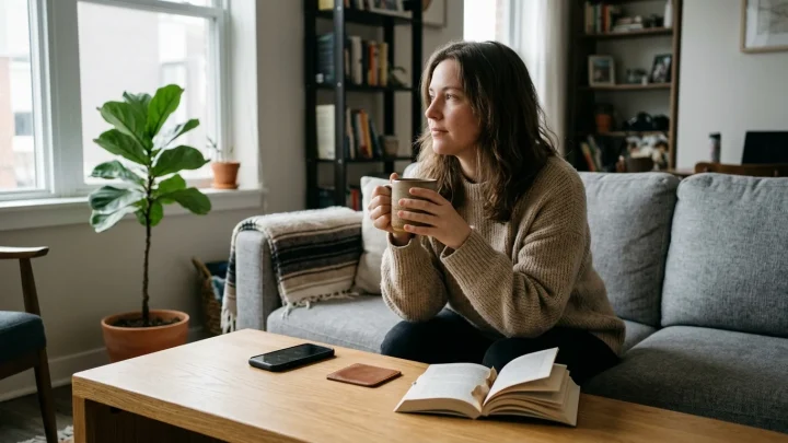 Smartphone mit schwarzem Bildschirm liegt auf einem Tisch neben einer Kaffeetasse