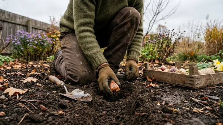 Gärtnerhände setzen Tulpenzwiebeln und Narzissenzwiebeln im Herbst in lockere Gartenerde