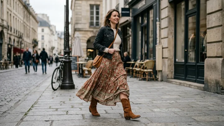 Langer gemusterter Boho-Rock kombiniert mit braunen Leder-Cowboy-Stiefeln