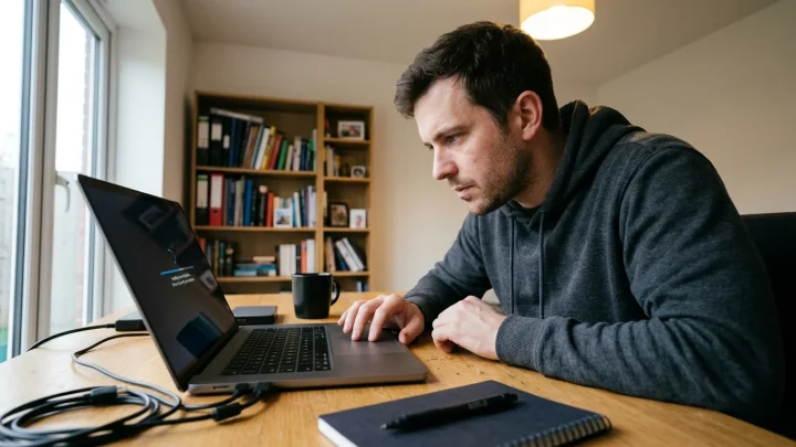Ein Mann sitzt an einem Laptop.